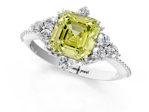 White gold Fancy Yellow Asscher Cut Brilliant Diamond with Cluster Setting on a Beaded Band and Four-Prong Setting_1