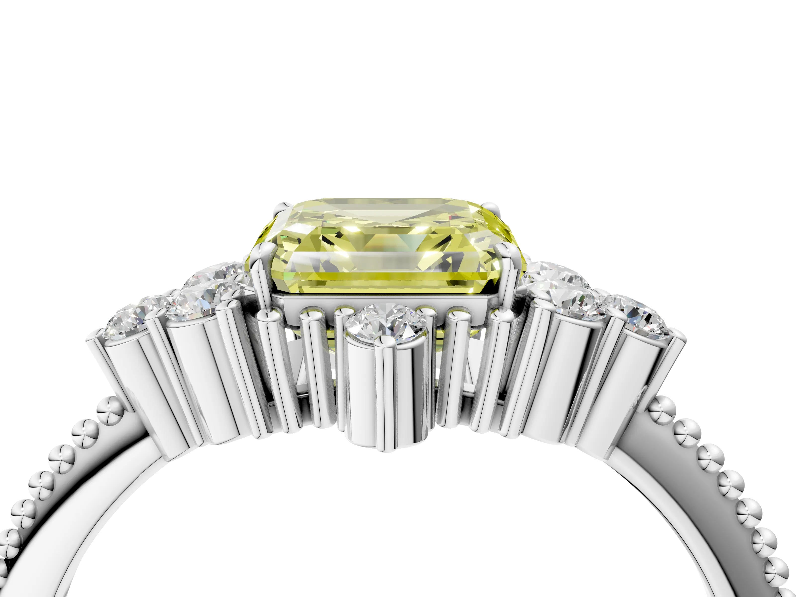 White gold Fancy Yellow Asscher Cut Brilliant Diamond with Cluster Setting on a Beaded Band and Four-Prong Setting_28