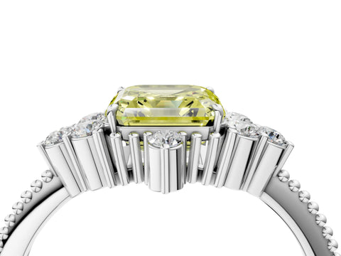 White gold Fancy Yellow Asscher Cut Brilliant Diamond with Cluster Setting on a Beaded Band and Four-Prong Setting_28