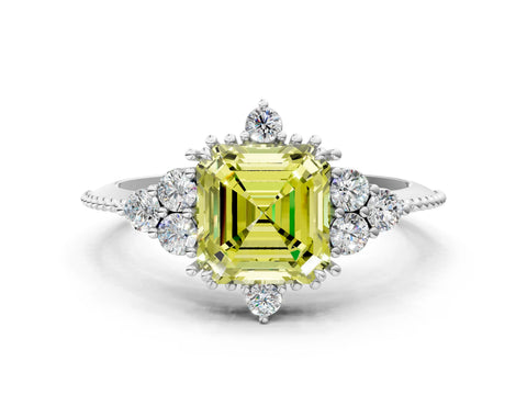 White gold Fancy Yellow Asscher Cut Brilliant Diamond with Cluster Setting on a Beaded Band and Four-Prong Setting_36