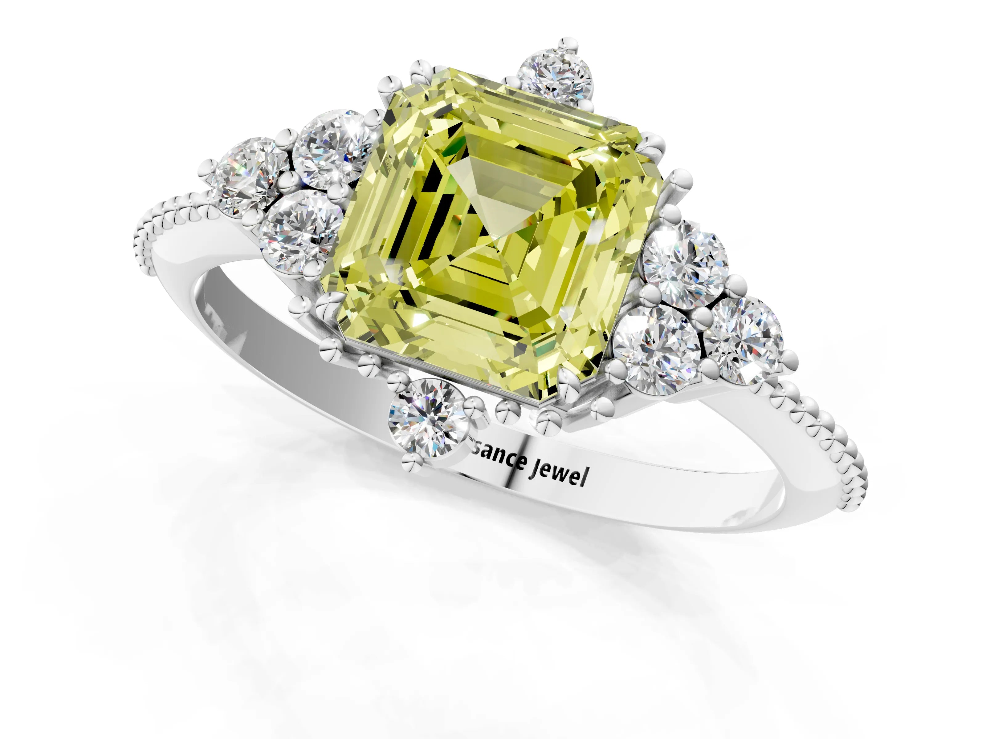 White gold Fancy Yellow Asscher Cut Brilliant Diamond with Cluster Setting on a Beaded Band and Four-Prong Setting_37
