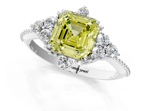 White gold Fancy Yellow Asscher Cut Brilliant Diamond with Cluster Setting on a Beaded Band and Four-Prong Setting_37