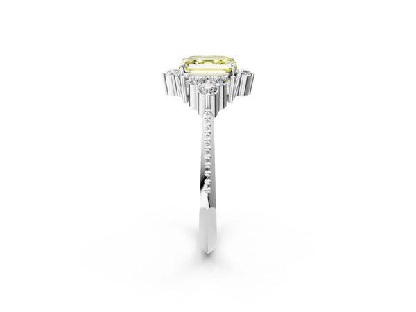 Sterling Silver Asscher Cut Beaded Cluster Engagement Ring Setting for Fancy Yellow Center