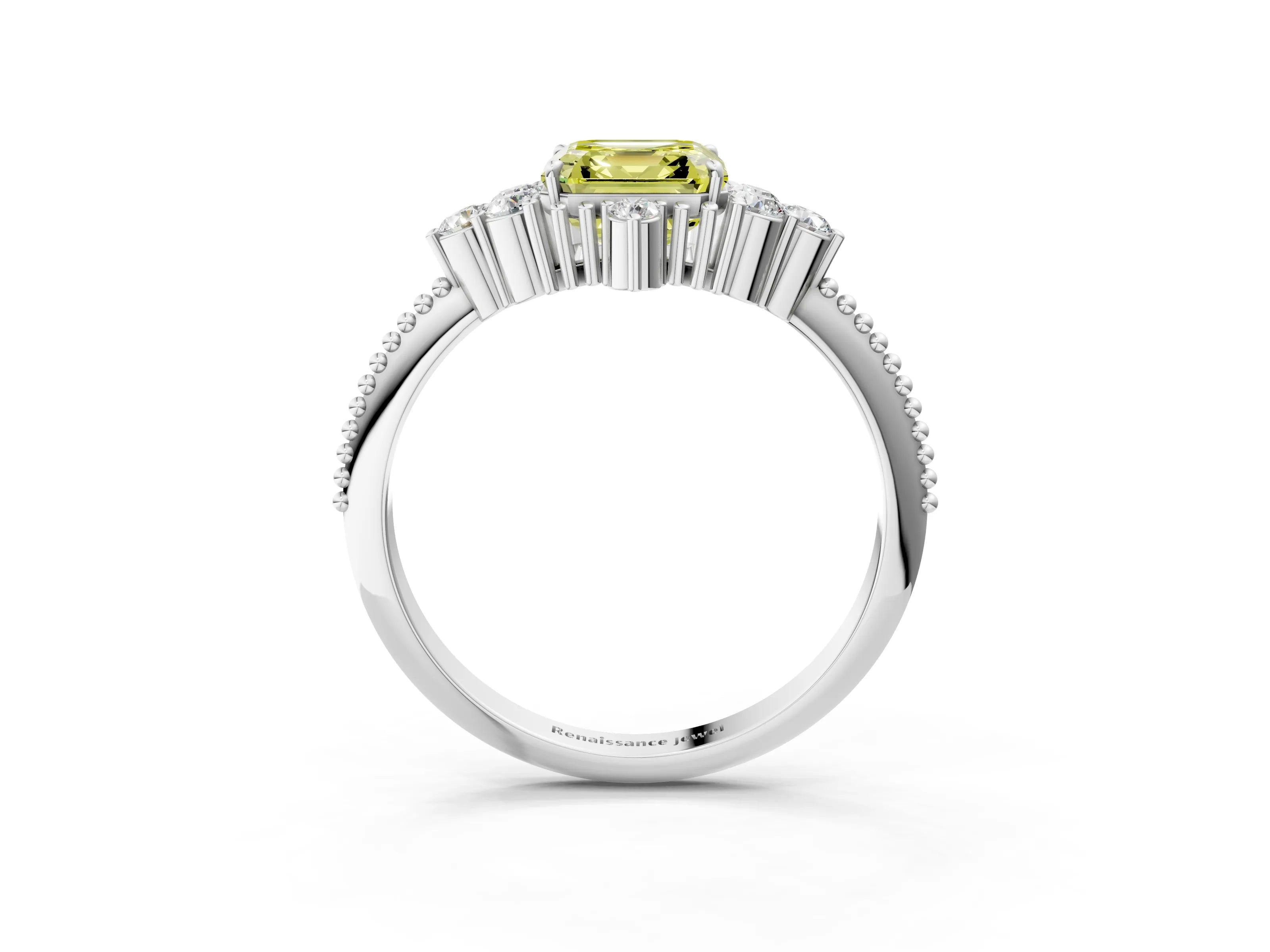 White gold Fancy Yellow Asscher Cut Brilliant Diamond with Cluster Setting on a Beaded Band and Four-Prong Setting_3