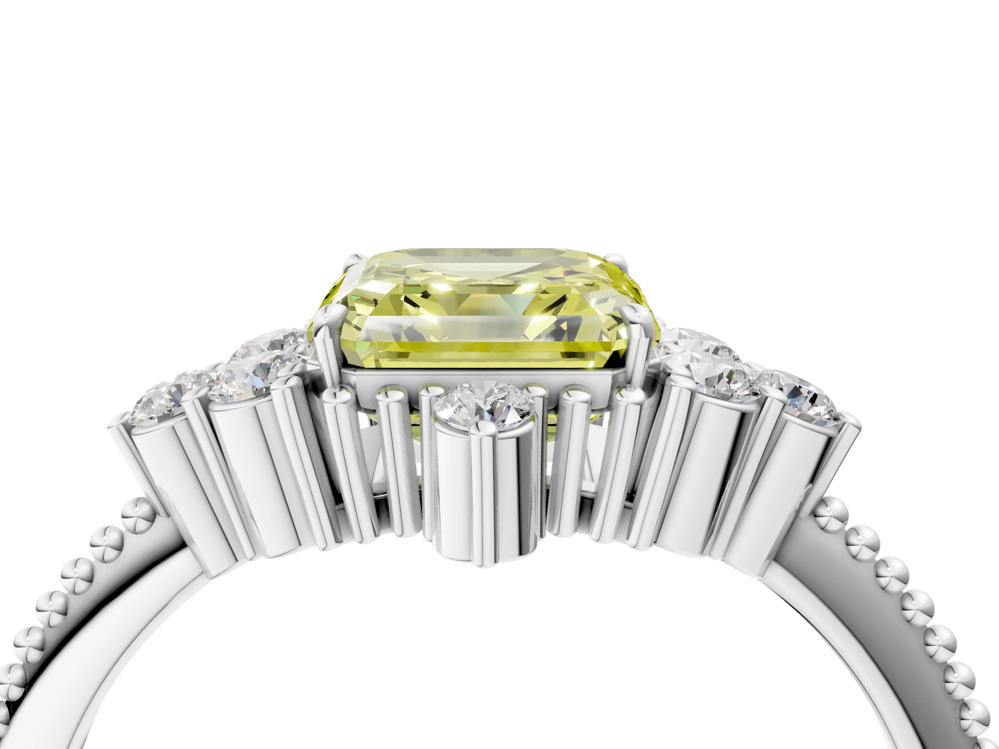 White gold Fancy Yellow Asscher Cut Brilliant Diamond with Cluster Setting on a Beaded Band and Four-Prong Setting_4