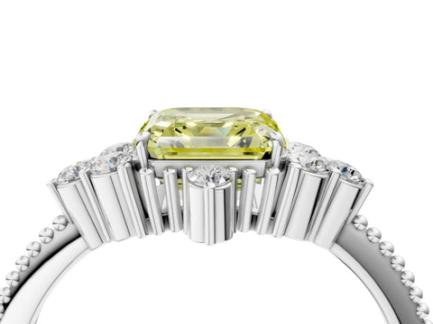 White gold Fancy Yellow Asscher Cut Brilliant Diamond with Cluster Setting on a Beaded Band and Four-Prong Setting_4