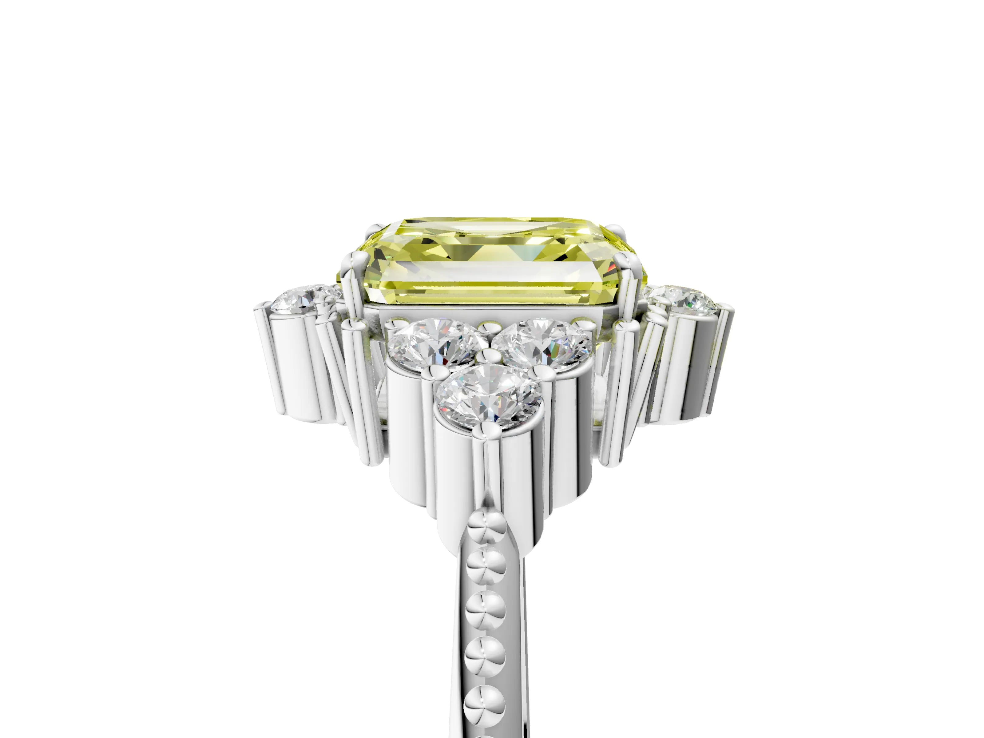 White gold Fancy Yellow Asscher Cut Brilliant Diamond with Cluster Setting on a Beaded Band and Four-Prong Setting_5