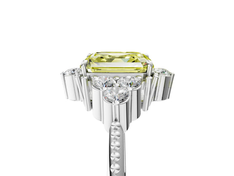 White gold Fancy Yellow Asscher Cut Brilliant Diamond with Cluster Setting on a Beaded Band and Four-Prong Setting_5
