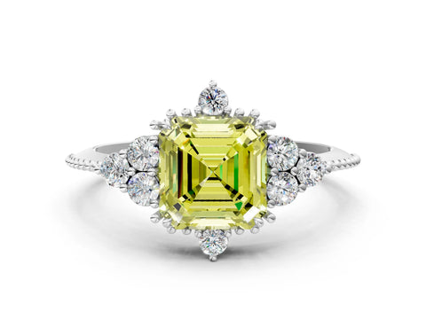 White gold Fancy Yellow Asscher Cut Brilliant Diamond with Cluster Setting on a Beaded Band and Four-Prong Setting