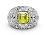 White gold Fancy Yellow Asscher Cut Brilliant Halo Pave Diamond Milgrain Ring