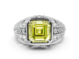 White gold Fancy Yellow Asscher Cut Brilliant Milgrain Filigree Diamond Ring with Square Prong Setting
