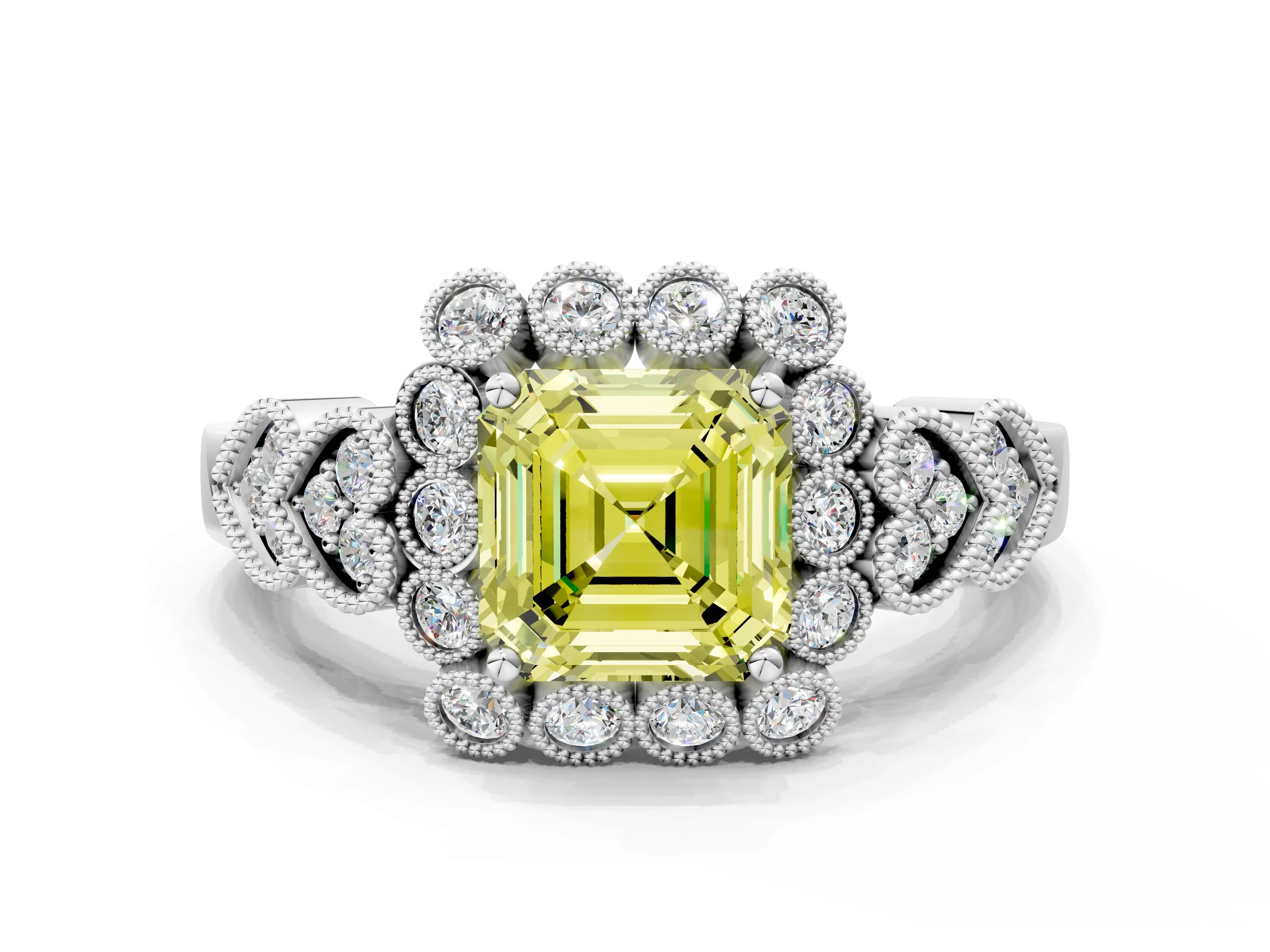 White gold Fancy Yellow Asscher Cut Brilliant Milgrain Pave Heart Band Solitaire Ring_12