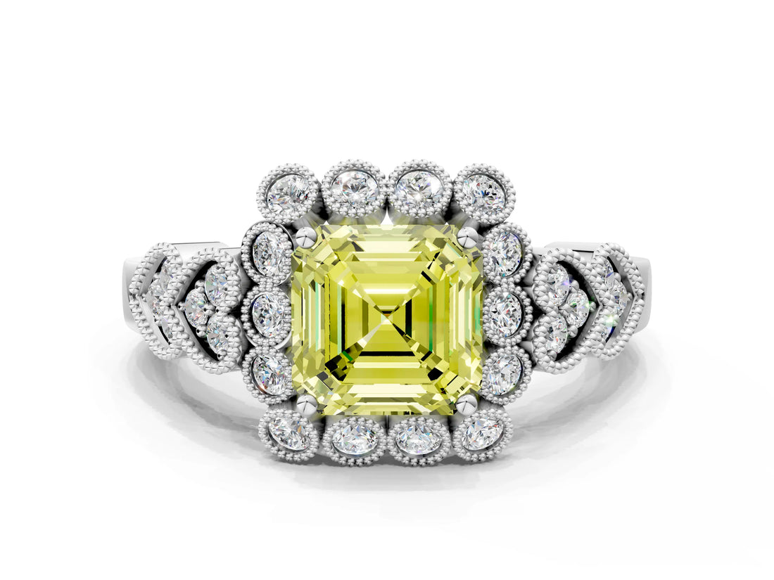 White gold Fancy Yellow Asscher Cut Brilliant Milgrain Pave Heart Band Solitaire Ring_12