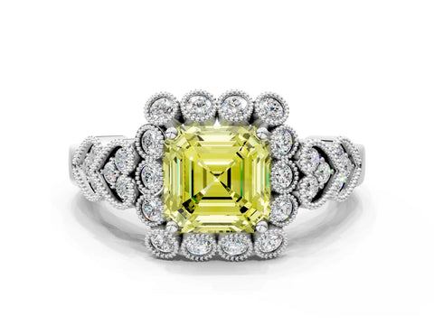 White gold Fancy Yellow Asscher Cut Brilliant Milgrain Pave Heart Band Solitaire Ring_12