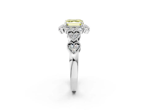 White gold Fancy Yellow Asscher Cut Brilliant Milgrain Pave Heart Band Solitaire Ring_14