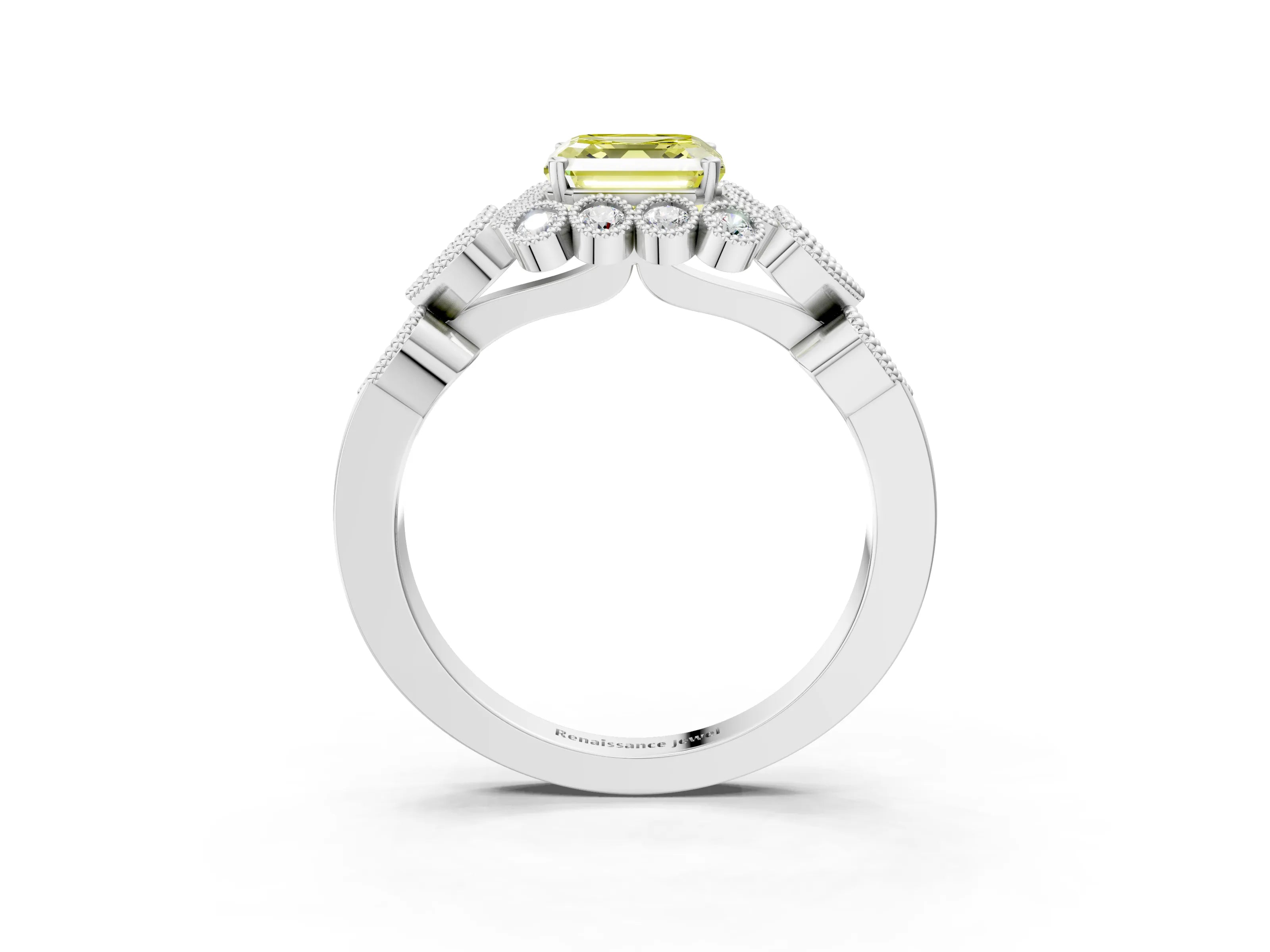 White gold Fancy Yellow Asscher Cut Brilliant Milgrain Pave Heart Band Solitaire Ring_15