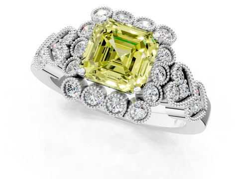 White gold Fancy Yellow Asscher Cut Brilliant Milgrain Pave Heart Band Solitaire Ring_1