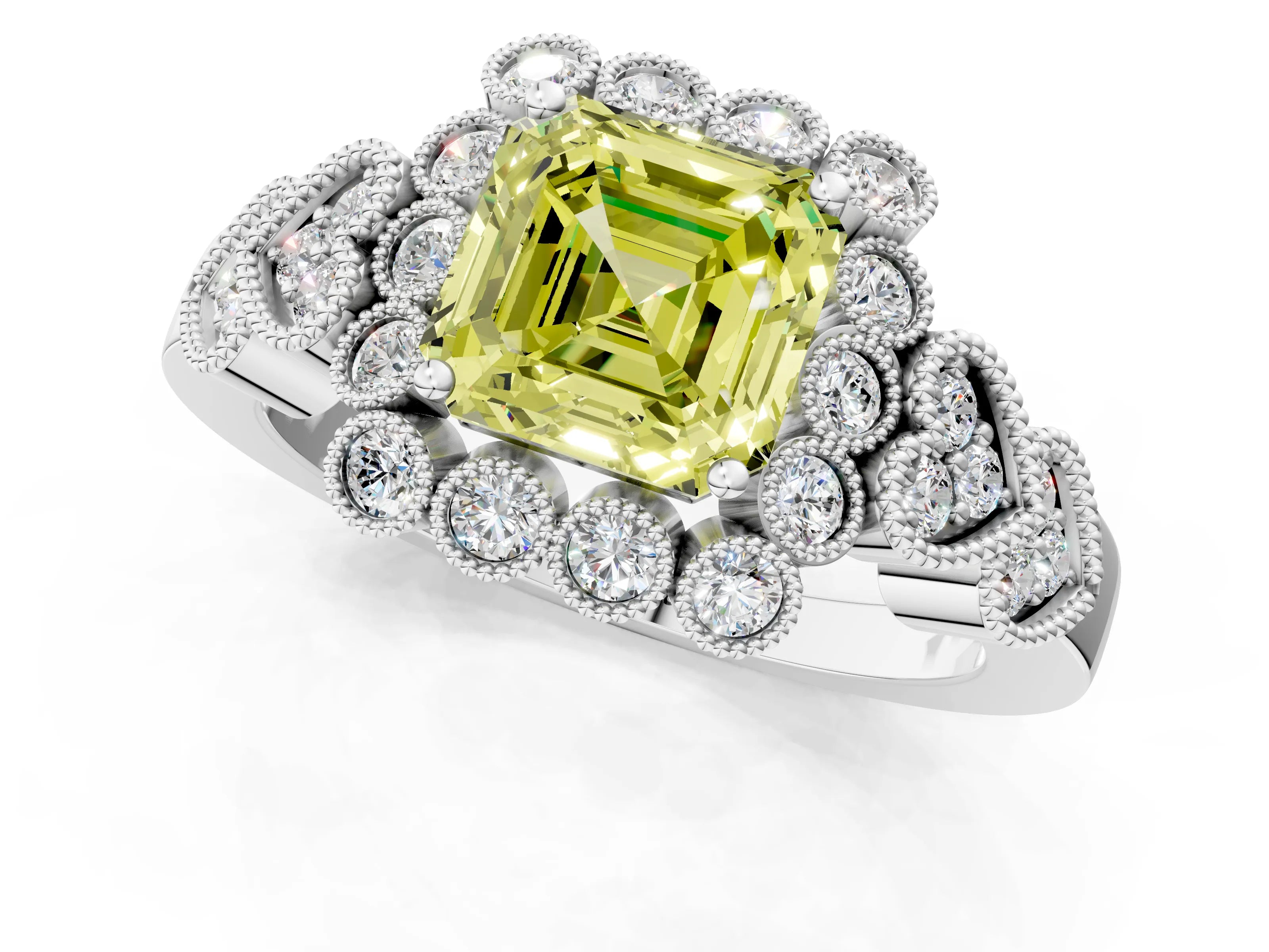 White gold Fancy Yellow Asscher Cut Brilliant Milgrain Pave Heart Band Solitaire Ring_1