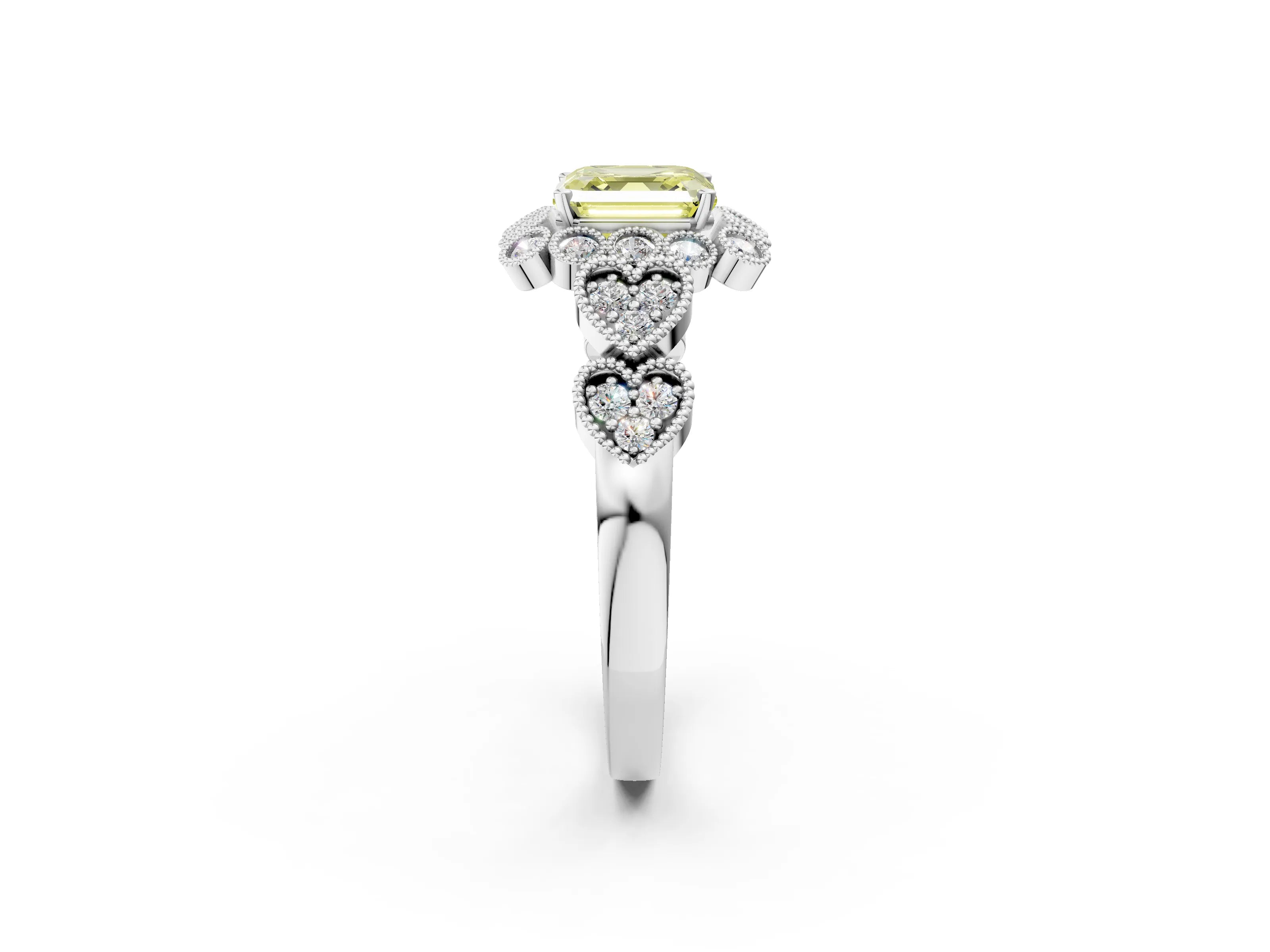 White gold Fancy Yellow Asscher Cut Brilliant Milgrain Pave Heart Band Solitaire Ring_2