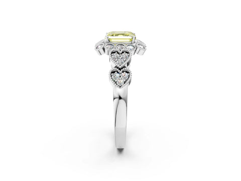 White gold Fancy Yellow Asscher Cut Brilliant Milgrain Pave Heart Band Solitaire Ring_2