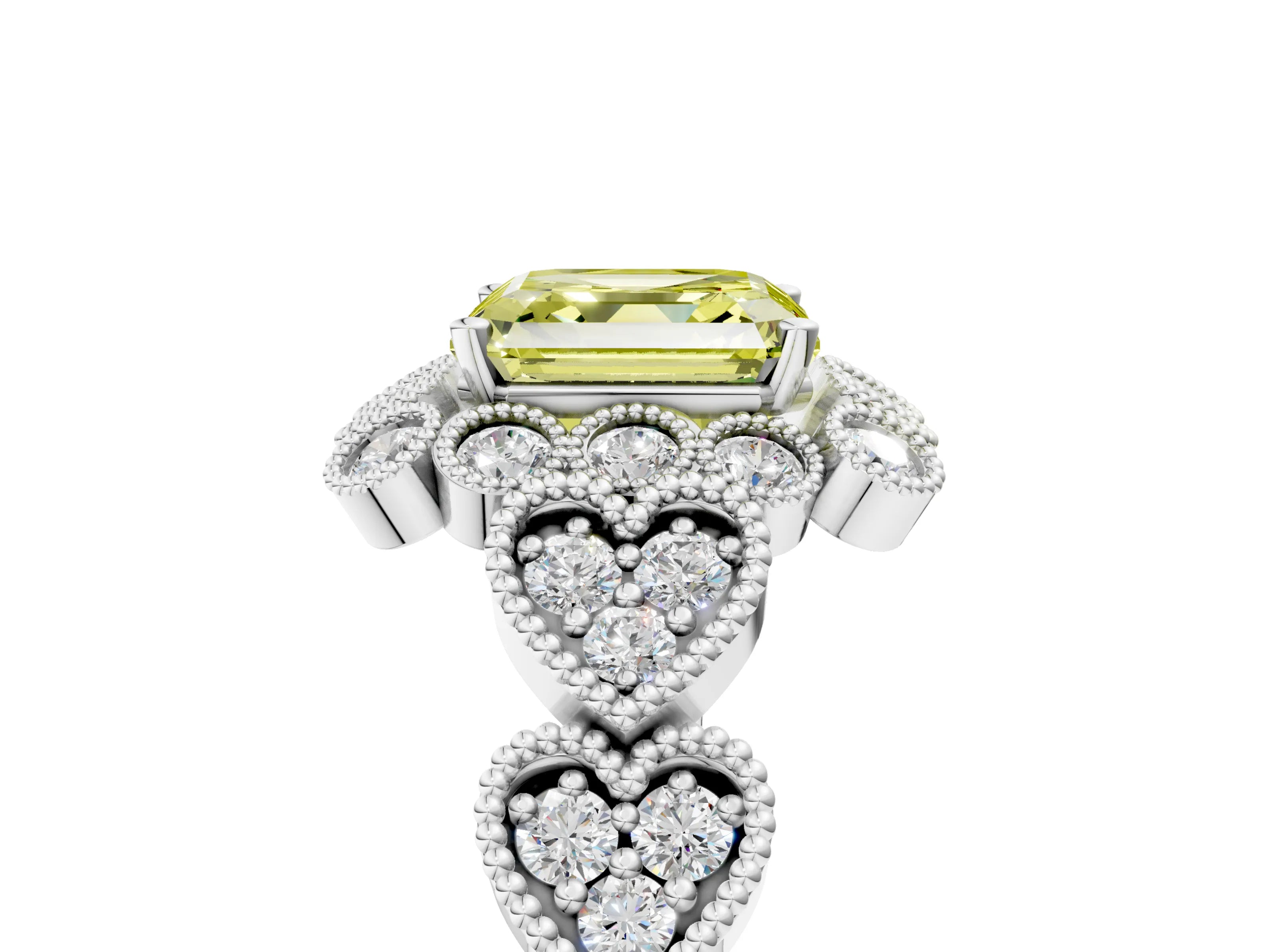 White gold Fancy Yellow Asscher Cut Brilliant Milgrain Pave Heart Band Solitaire Ring_5