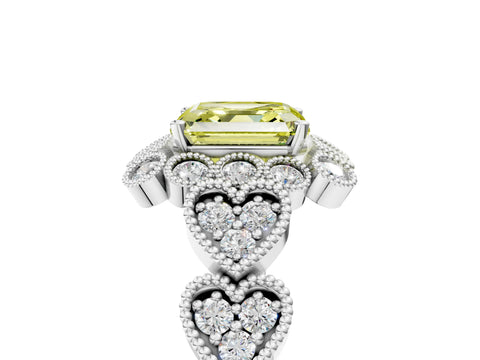 White gold Fancy Yellow Asscher Cut Brilliant Milgrain Pave Heart Band Solitaire Ring_5