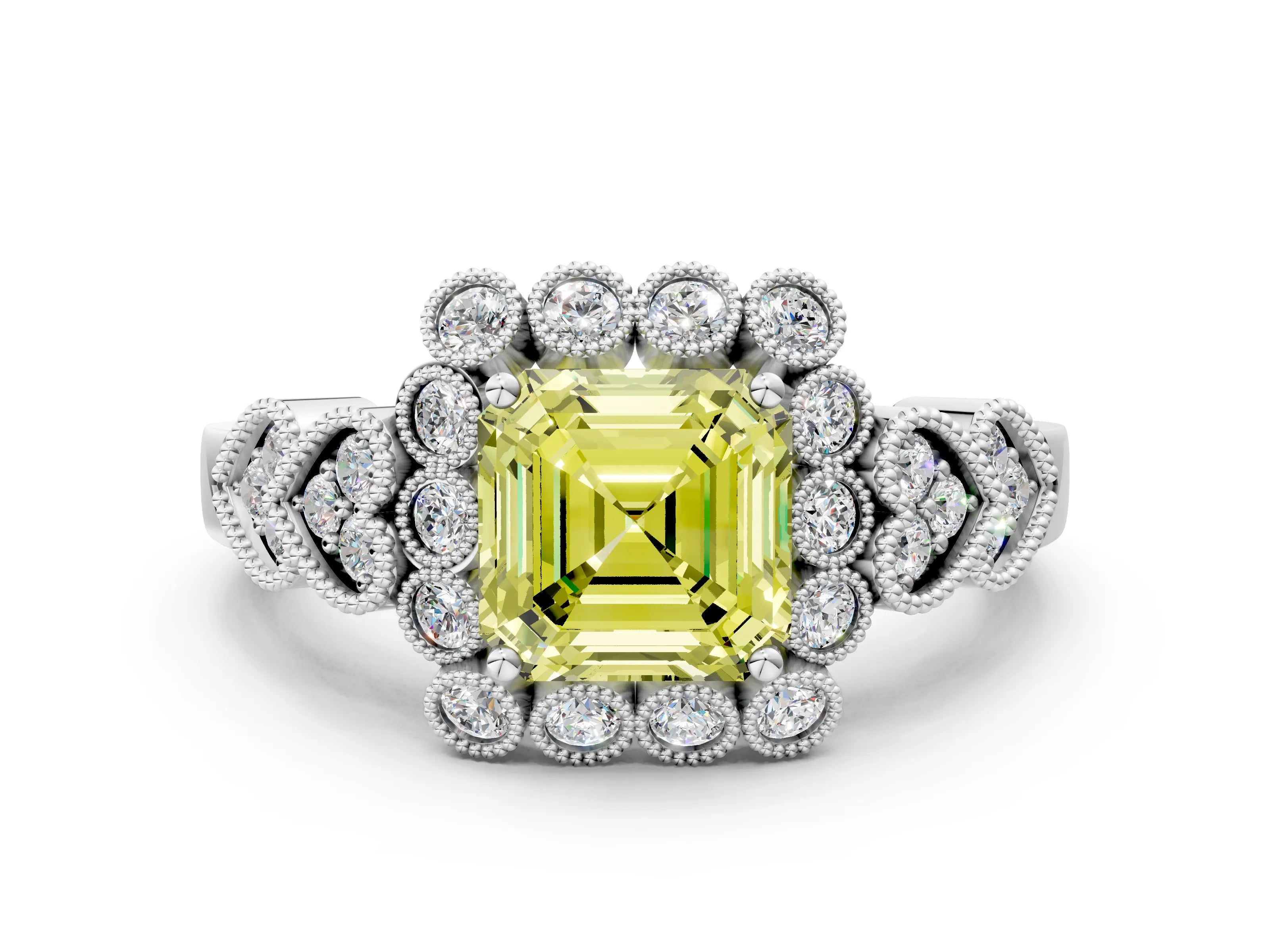 White gold Fancy Yellow Asscher Cut Brilliant Milgrain Pave Heart Band Solitaire Ring