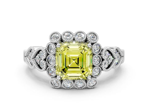 White gold Fancy Yellow Asscher Cut Brilliant Milgrain Pave Heart Band Solitaire Ring
