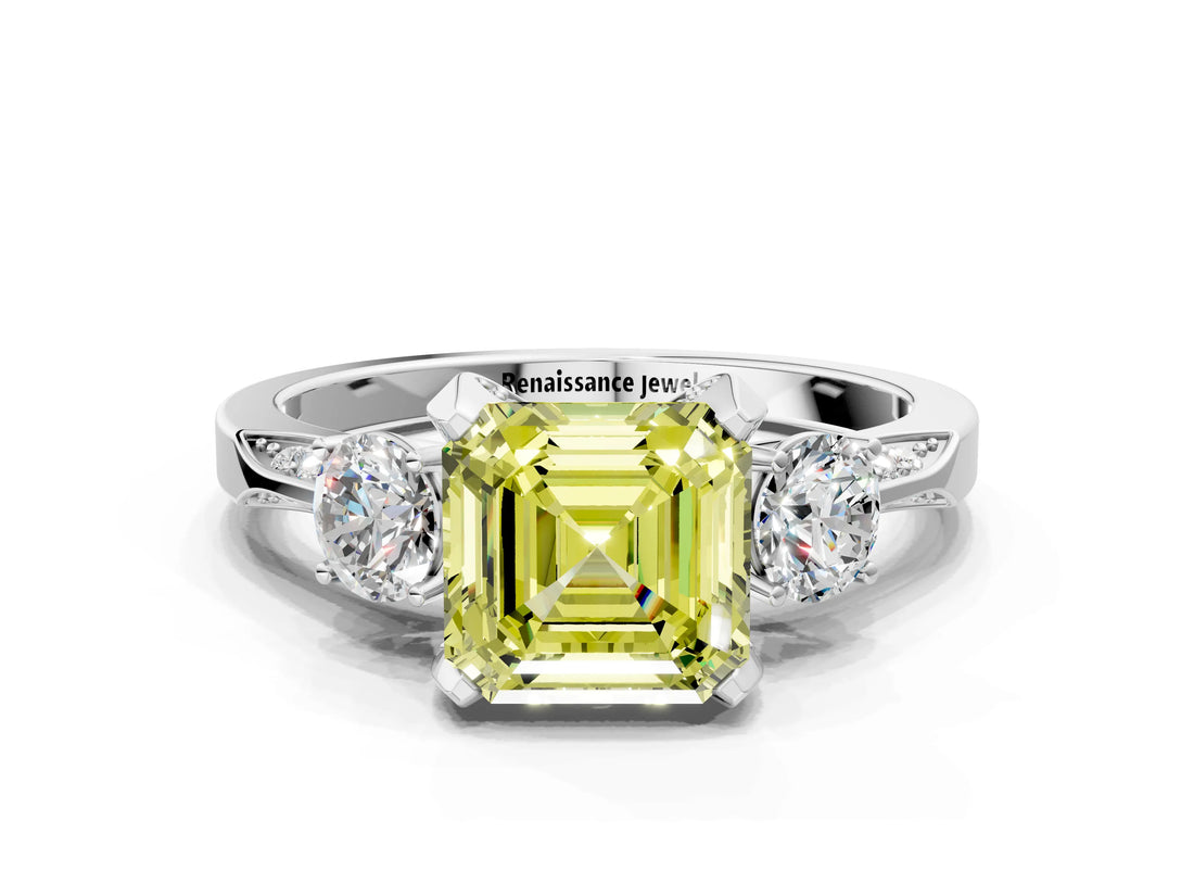 White gold Fancy Yellow Asscher Cut Brilliant Three-Stone Diamond Ring with Pavé Band and Four-Prong Setting_15