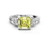 White gold Fancy Yellow Asscher Cut Brilliant Three-Stone Diamond Ring with Pavé Band and Four-Prong Setting_15