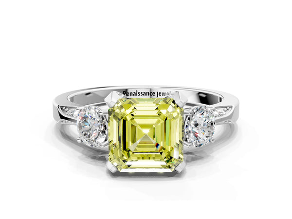 Sterling Silver Asscher Cut Three Stone Hidden Halo Engagement Ring Setting for Fancy Yellow Center