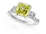 White gold Fancy Yellow Asscher Cut Brilliant Three-Stone Diamond Ring with Pavé Band and Four-Prong Setting_16