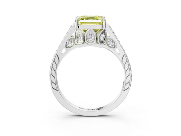 Platinum Asscher Cut Cathedral Engagement Ring Setting for Fancy Yellow Center with Pave Shoulders