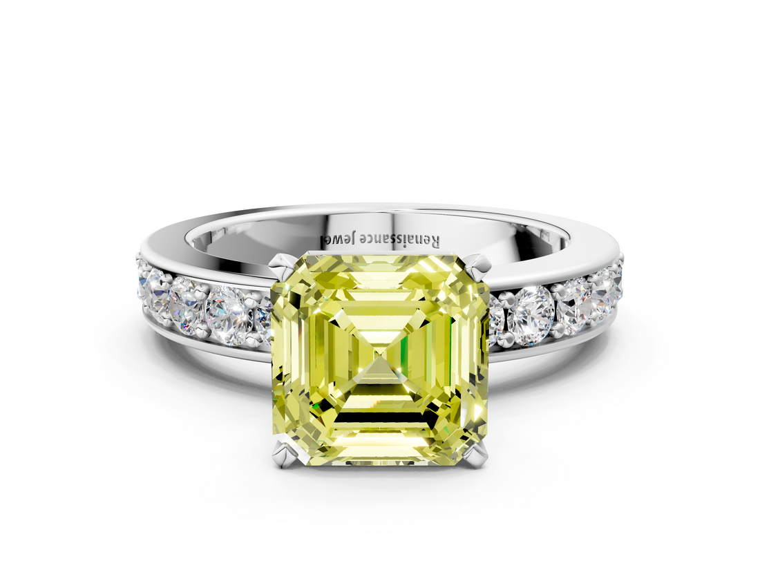 White gold Fancy Yellow Asscher  Cut Channel Set Diamond Engagement Ring with Four-Prong Setting
