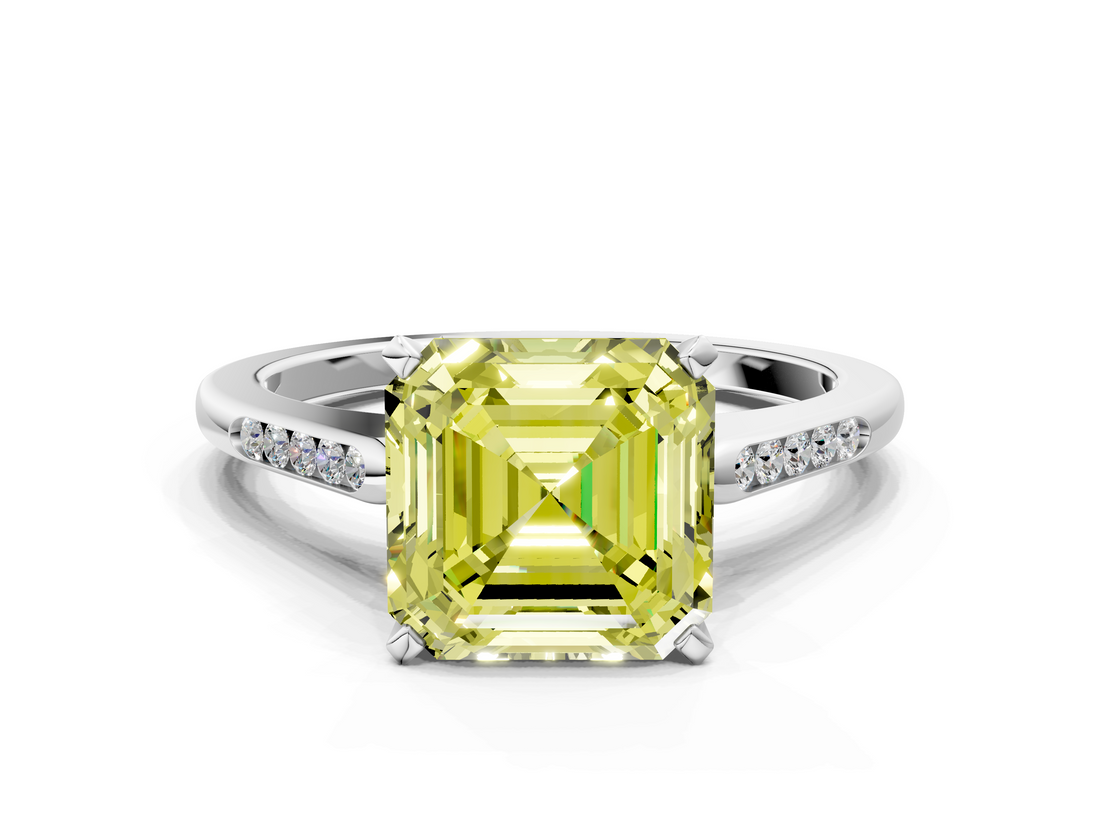White gold Fancy Yellow Asscher  Cut Channel Set Solitaire Engagement Ring with Four-Prong Setting