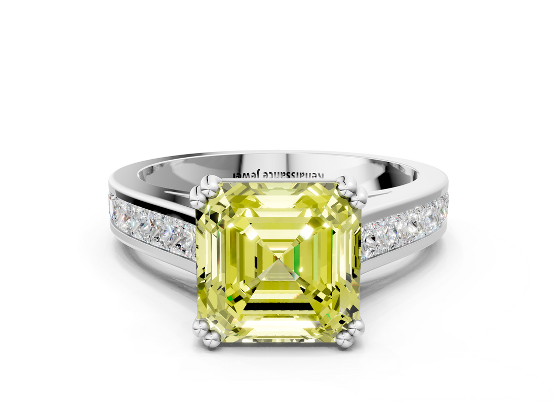 White gold Fancy Yellow Asscher  Cut Channel Set Solitaire Engagement Ring with Prong Setting