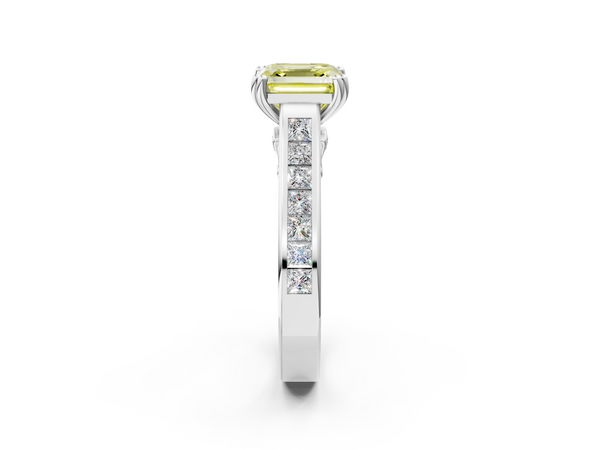 Platinum Asscher Cut Channel Set Solitaire Engagement Ring Setting for Fancy Yellow Center with Double Claw Prongs