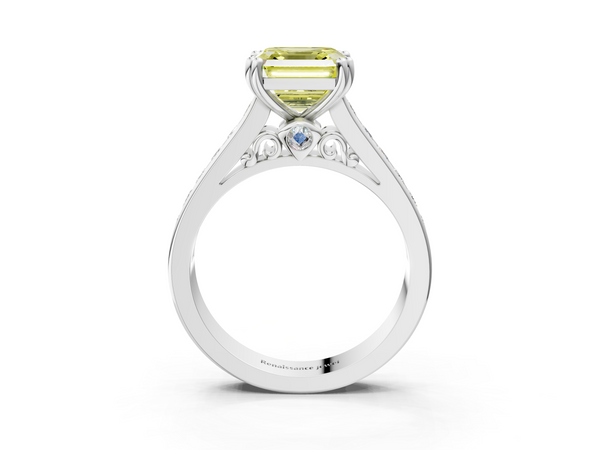 Platinum Asscher Cut Channel Set Solitaire Engagement Ring Setting for Fancy Yellow Center with Double Claw Prongs