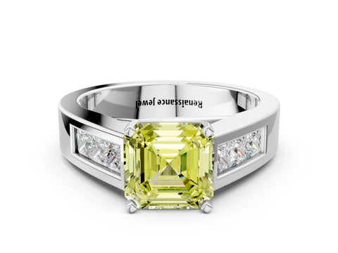 White gold Fancy Yellow Asscher Cut Cut Channel Set Solitaire Ring with Four-Prong Setting_36
