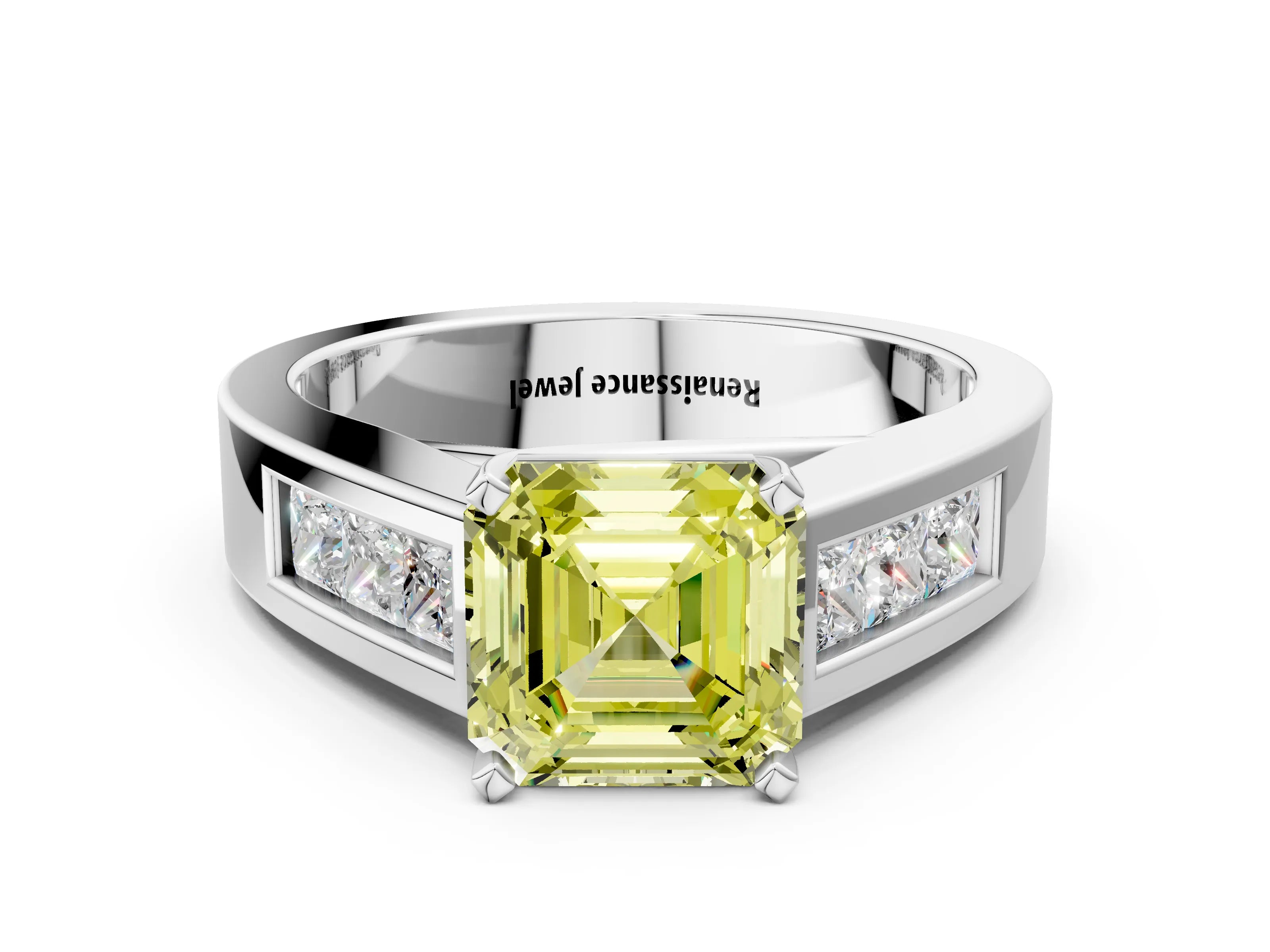 White gold Fancy Yellow Asscher Cut Cut Channel Set Solitaire Ring with Four-Prong Setting