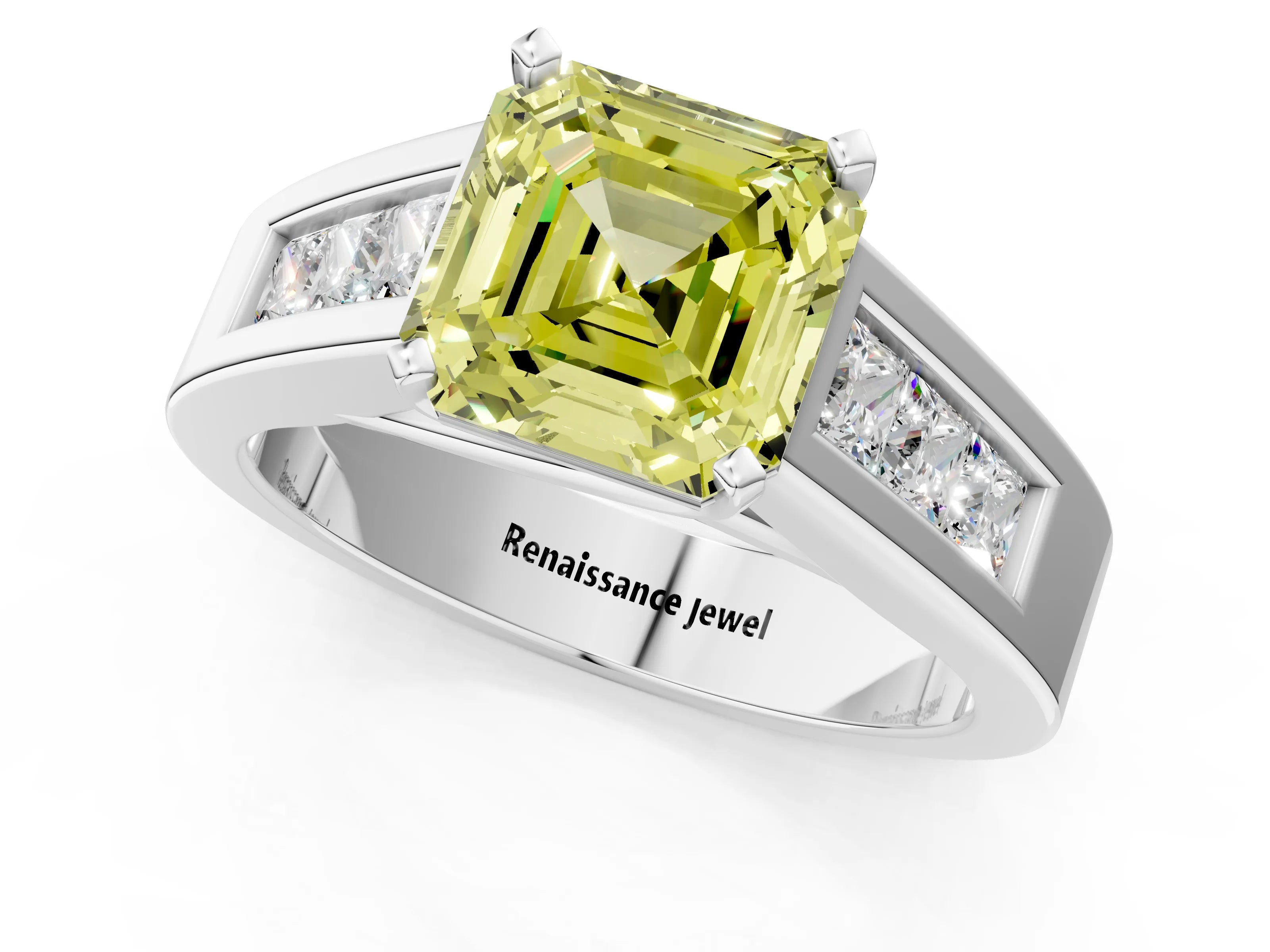 White gold Fancy Yellow Asscher Cut Cut Channel Set Solitaire Ring with Four-Prong Setting_49