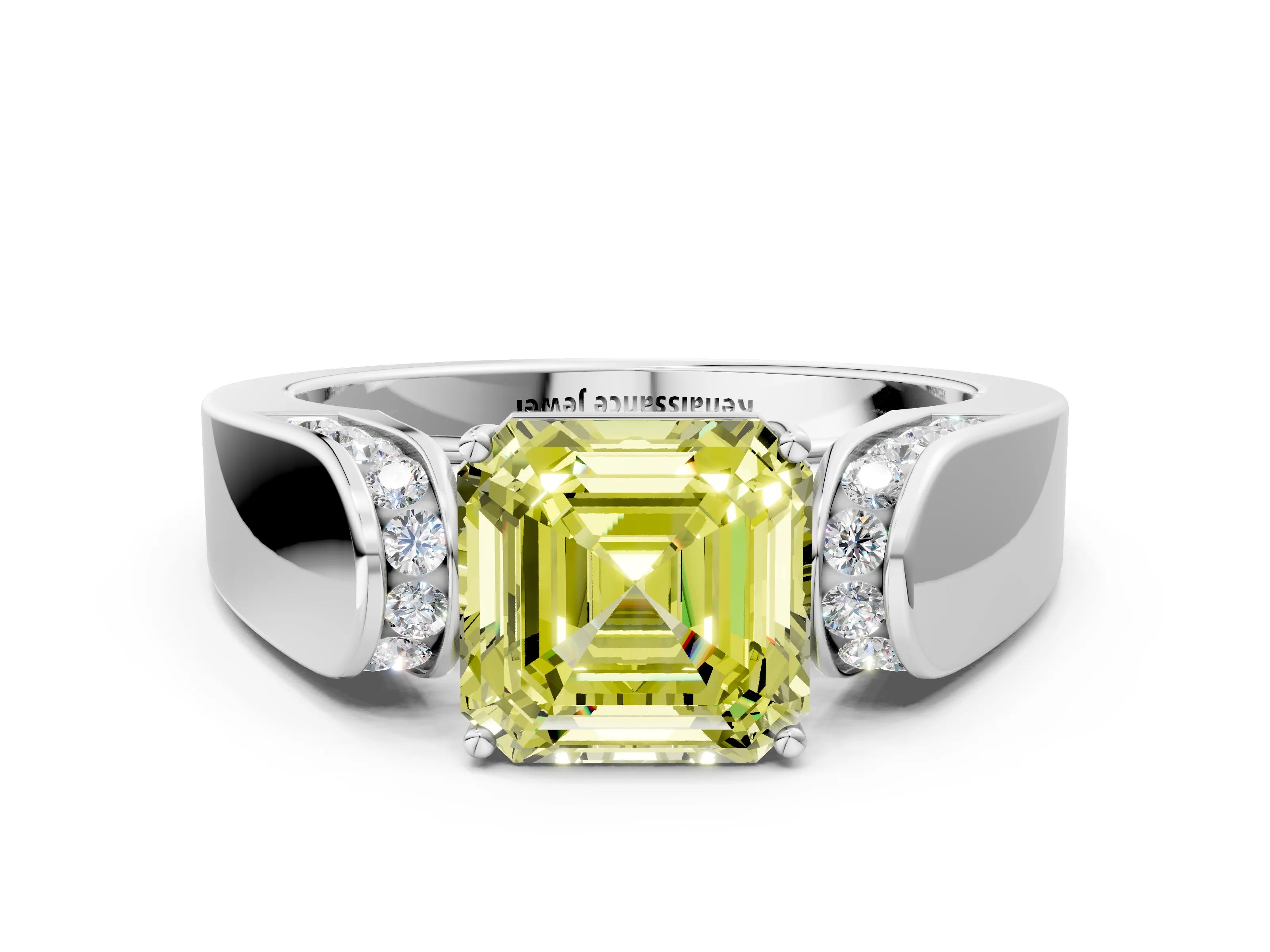 White gold Fancy Yellow Asscher Cut Cut Diamond Channel Set Solitaire Ring with Four-Prong Setting_132