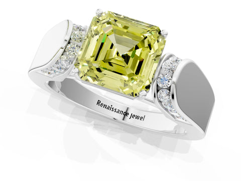 White gold Fancy Yellow Asscher Cut Cut Diamond Channel Set Solitaire Ring with Four-Prong Setting_1