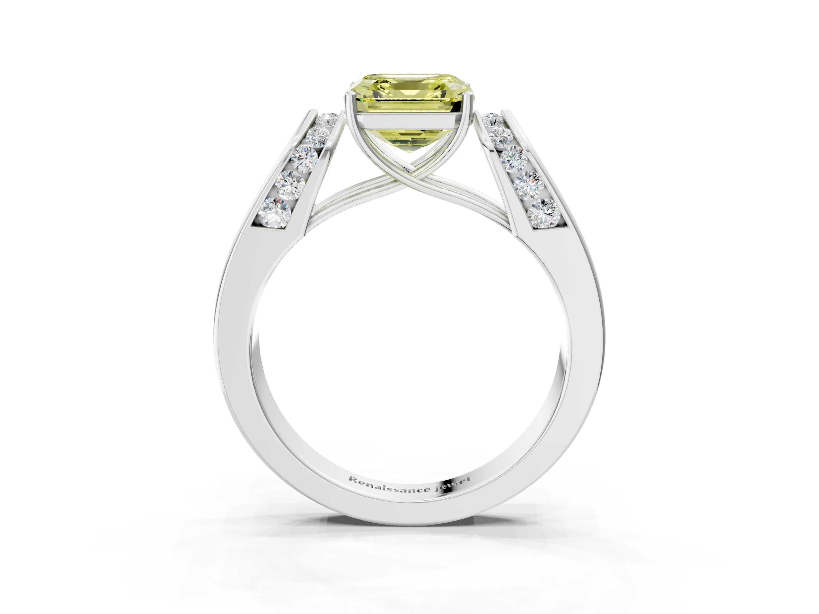 White gold Fancy Yellow Asscher Cut Cut Diamond Channel Set Solitaire Ring with Four-Prong Setting_3