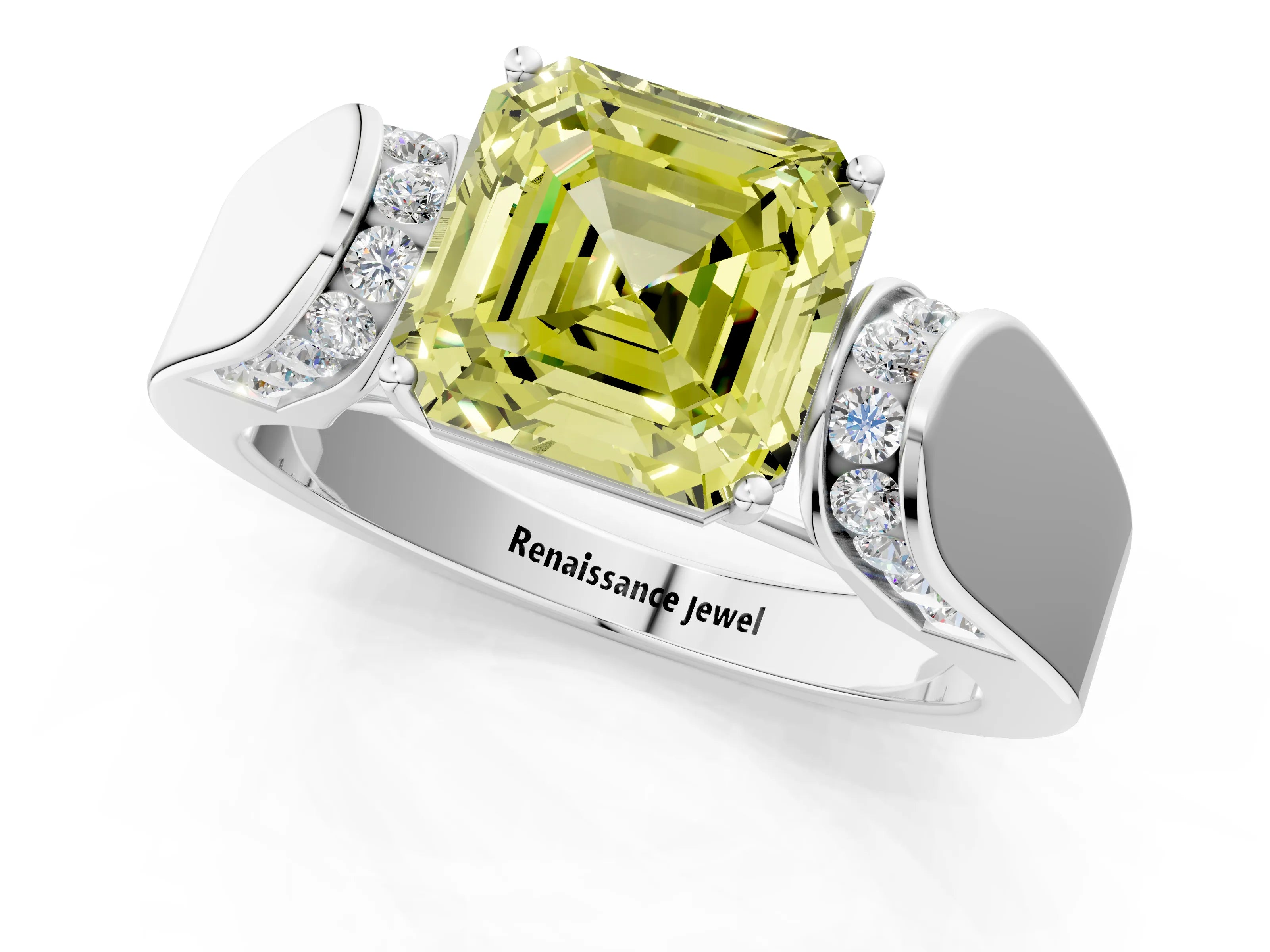 White gold Fancy Yellow Asscher Cut Cut Diamond Channel Set Solitaire Ring with Four-Prong Setting_85
