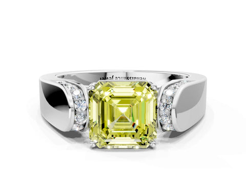 White gold Fancy Yellow Asscher Cut Cut Diamond Channel Set Solitaire Ring with Four-Prong Setting