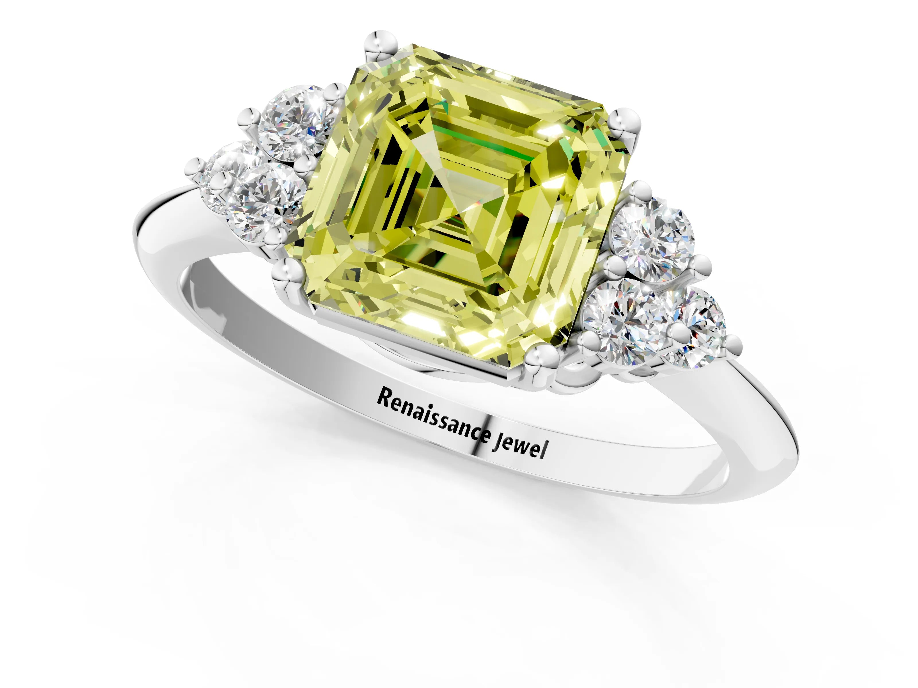 White gold Fancy Yellow Asscher Cut Cut Diamond Cluster Ring with Solitaire Band and Four-Prong Setting_1