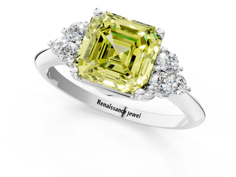 White gold Fancy Yellow Asscher Cut Cut Diamond Cluster Ring with Solitaire Band and Four-Prong Setting_1
