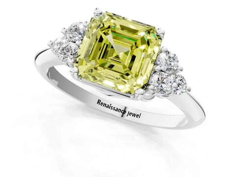 White gold Fancy Yellow Asscher Cut Cut Diamond Cluster Ring with Solitaire Band and Four-Prong Setting_25