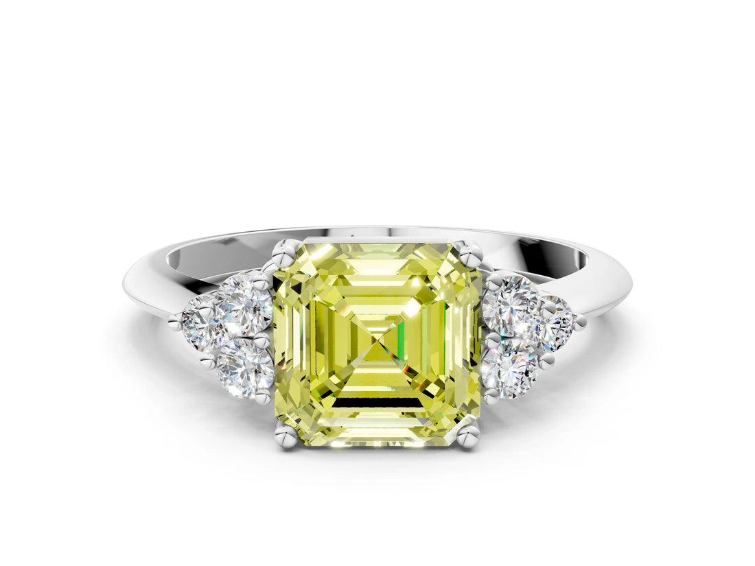 White gold Fancy Yellow Asscher Cut Cut Diamond Cluster Ring with Solitaire Band and Four-Prong Setting_48